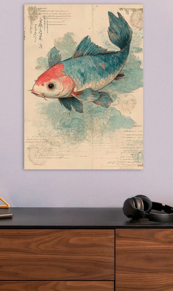 Koi Fish Illustration on Antique Paper — metal poster wall art by Lineer